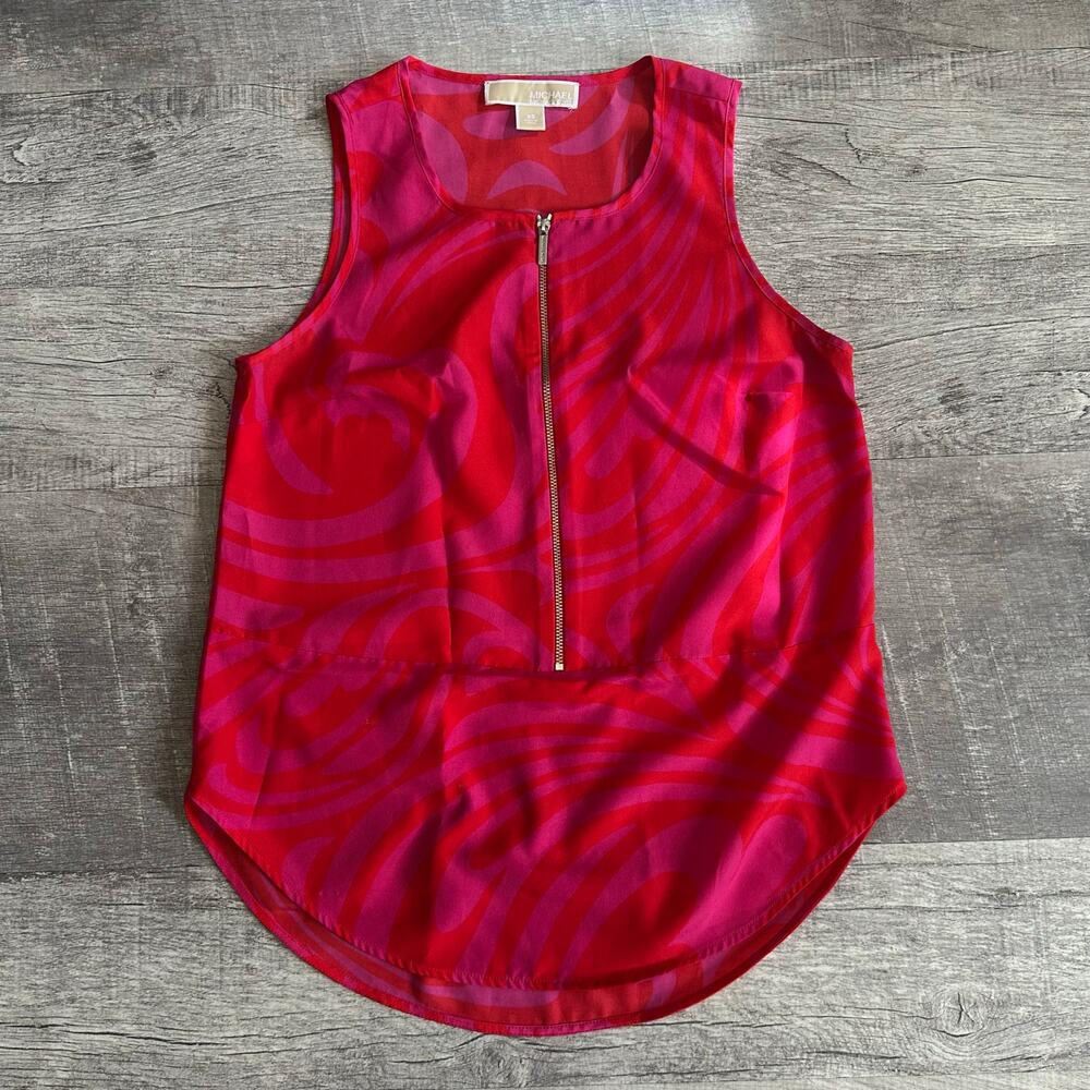Michael Kors Sleeveless Zipper Top Womens XS Pink Red Abstract Career Blouse